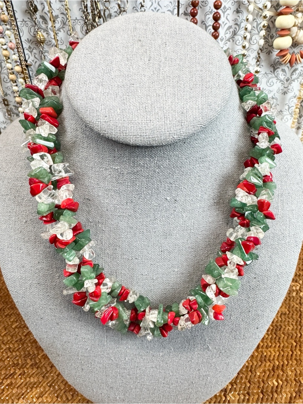 Handcrafted Green, Red & Clear Quartz Chip Stone Necklace, Holiday
